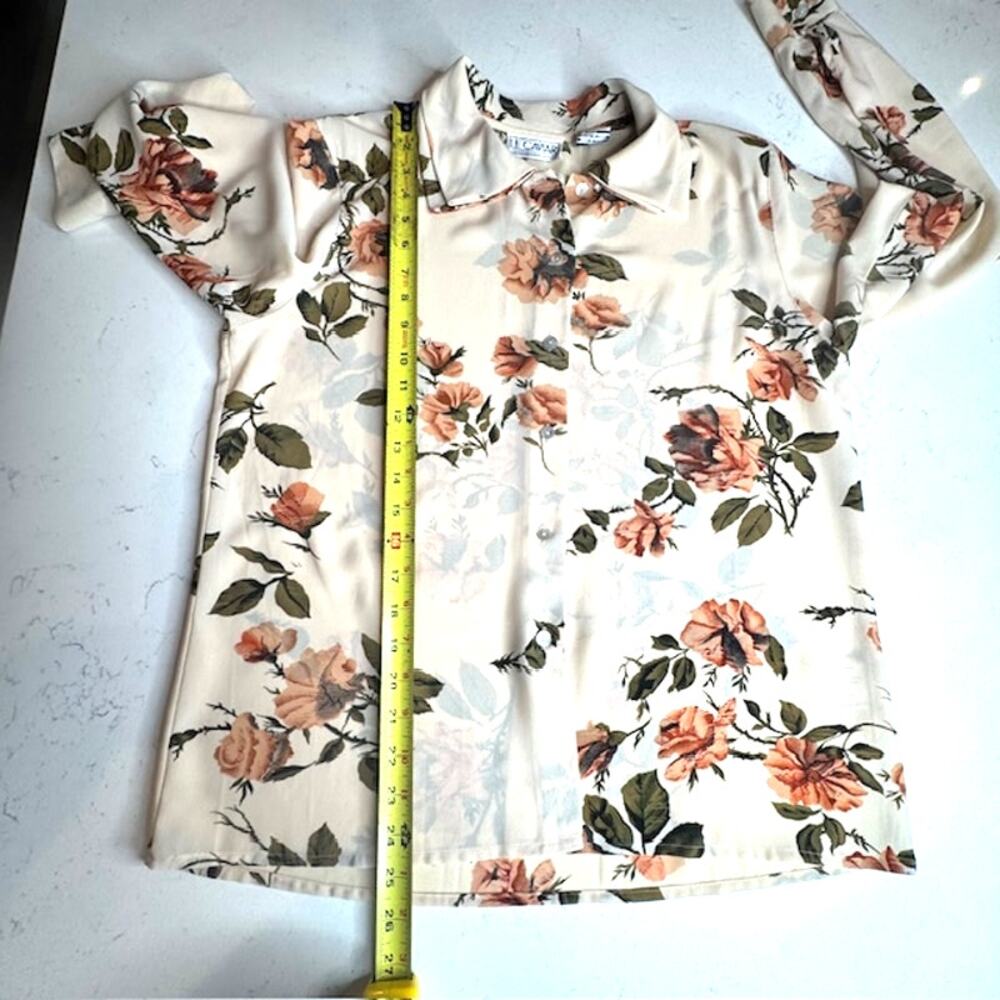Le Caviar Sheer Floral Blouse M Beige Fall Cottagecore Button Front - Picture 11 of 14
